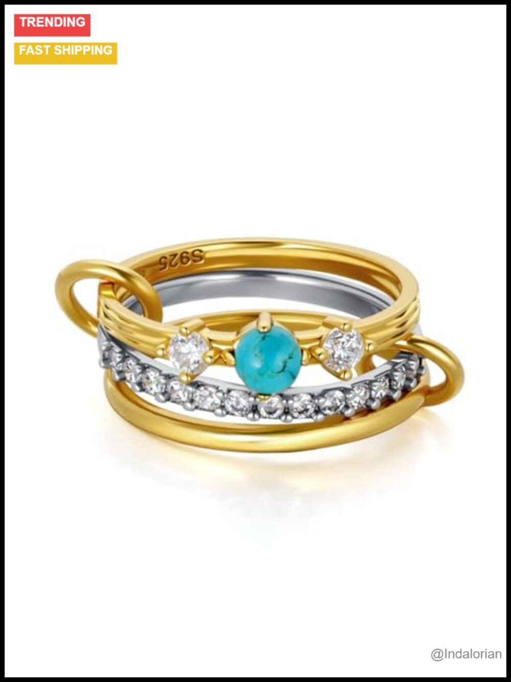 925 Sterling Silver Turquoise Rings Set, Stackable Statement Rings for Women